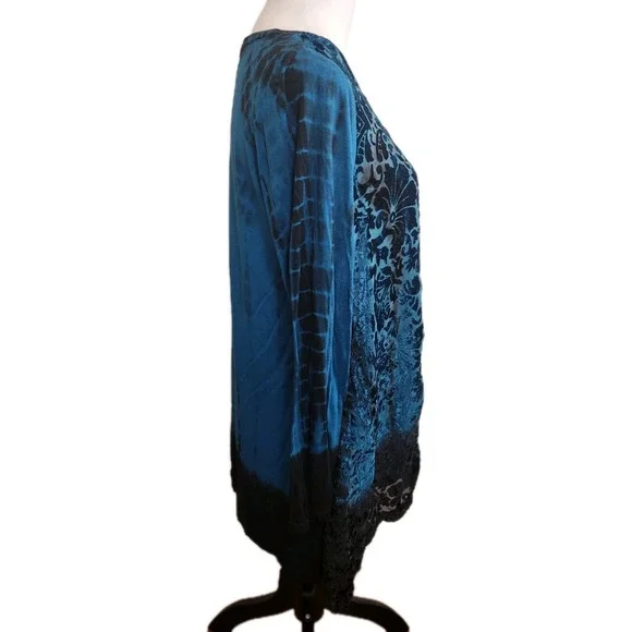 Chicos Zenergy 1 Women Velour Burnout Tunic Top Sz M Teal Long Sleeve Goth Boho - Picture 5 of 10